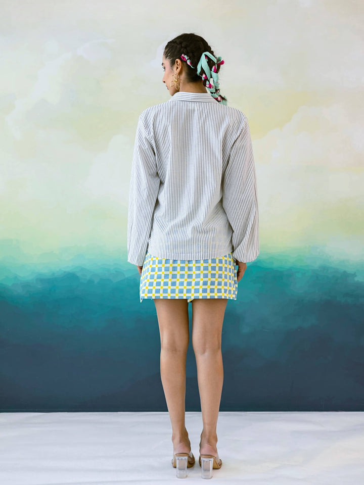 Blue Bird Set : Cotton Co-ord Set for Women in Grey & Blue | Embroidered Shirt & Check Mini Skirt 2-Piece Summer Outfit