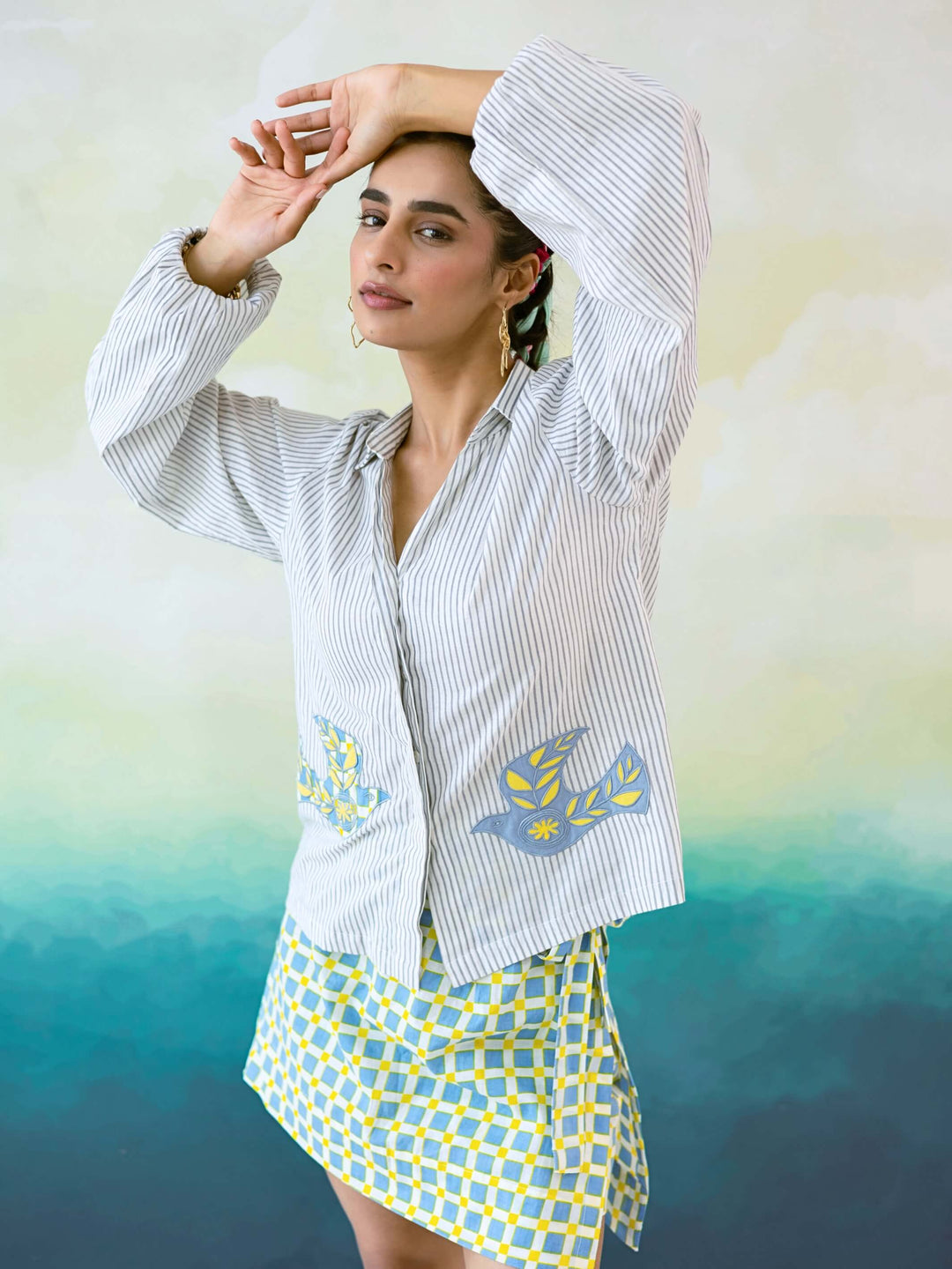 Blue Bird Set : Cotton Co-ord Set for Women in Grey & Blue | Embroidered Shirt & Check Mini Skirt 2-Piece Summer Outfit