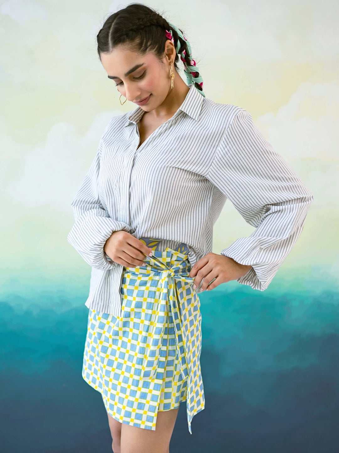 Blue Bird Set : Cotton Co-ord Set for Women in Grey & Blue | Embroidered Shirt & Check Mini Skirt 2-Piece Summer Outfit