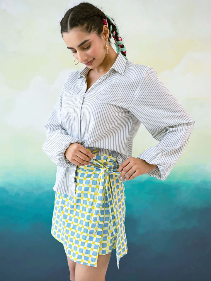 Blue Bird Set : Cotton Co-ord Set for Women in Grey & Blue | Embroidered Shirt & Check Mini Skirt 2-Piece Summer Outfit