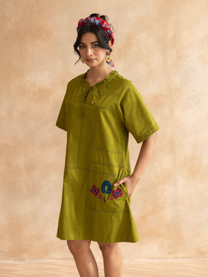 Olley : Dark Olive  Cotton Knee-Length Dress with Embroidered Pockets
