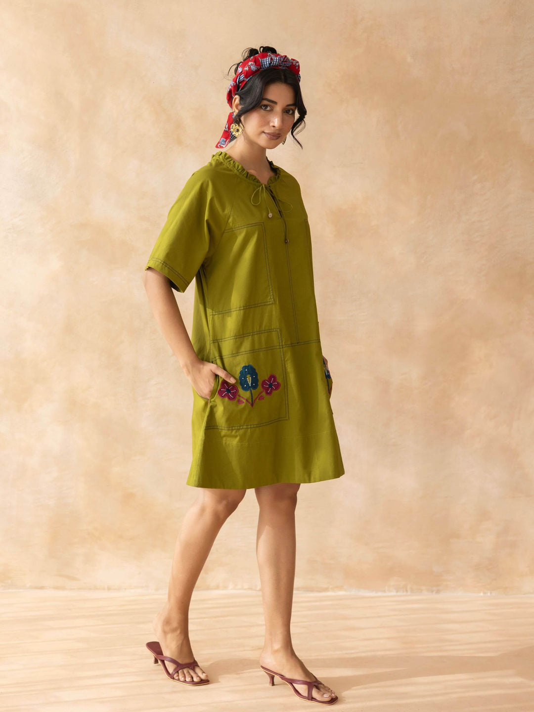 Olley : Dark Olive  Cotton Knee-Length Dress with Embroidered Pockets