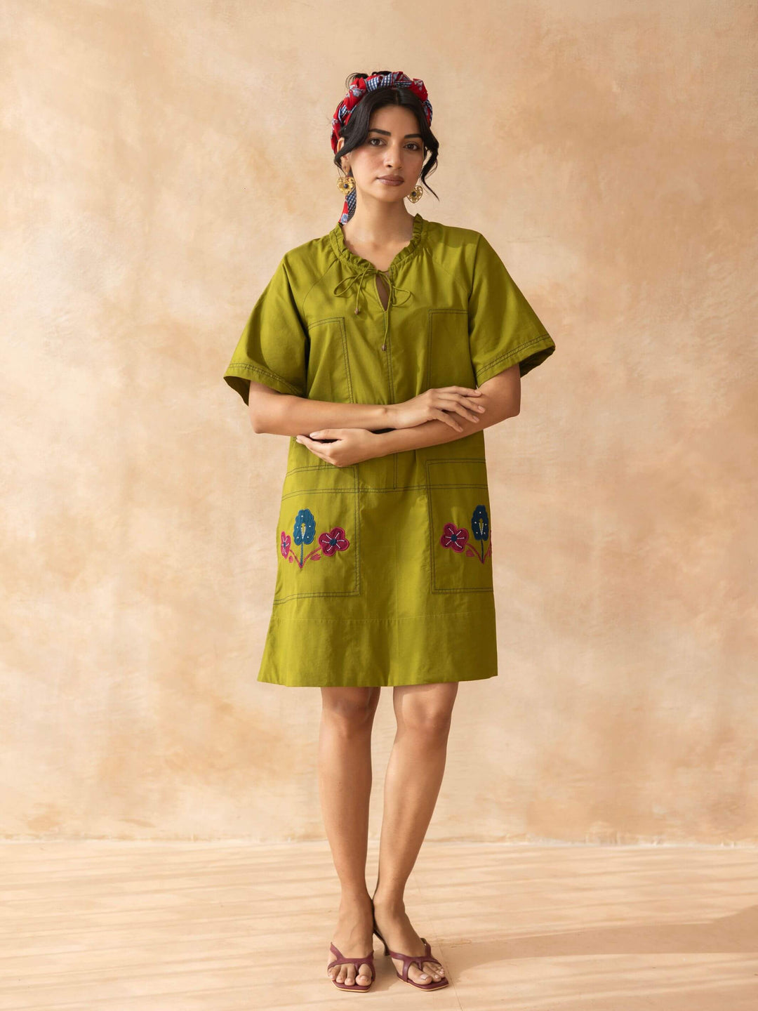Olley : Dark Olive  Cotton Knee-Length Dress with Embroidered Pockets