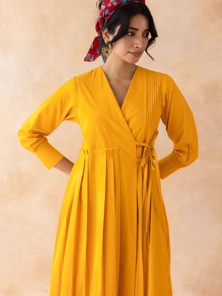 Clementia : Cotton Wrap Midi Dress fo in Orange | Casual Summer Dress