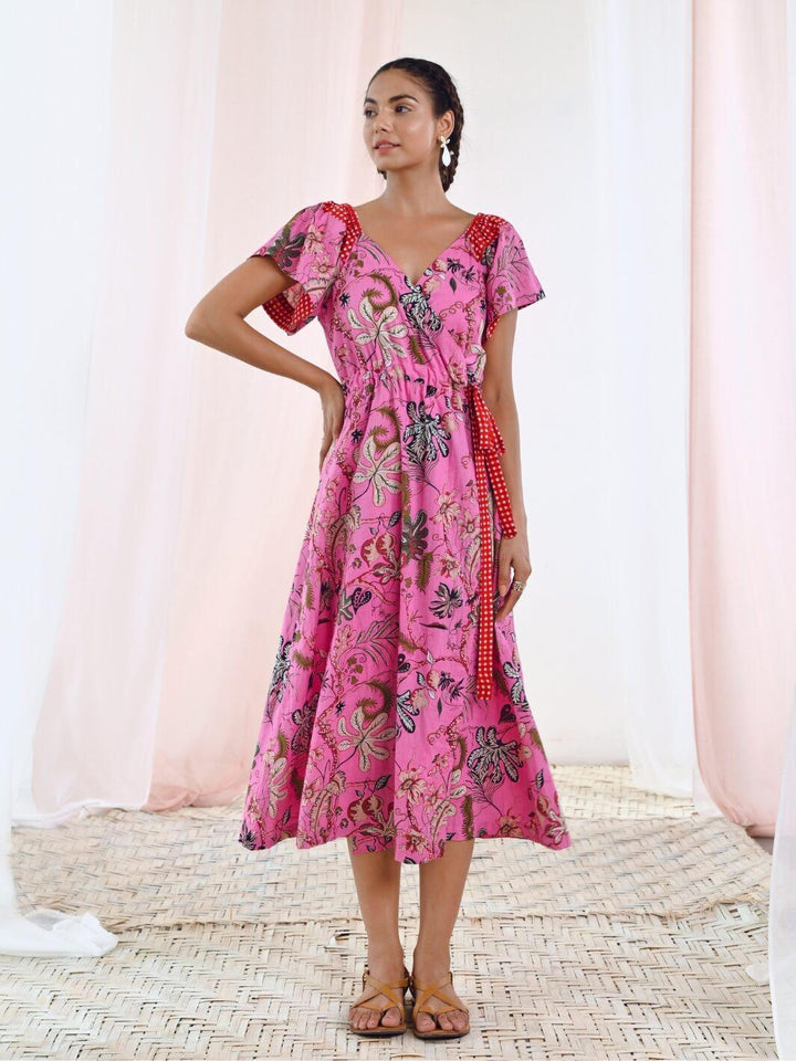 Pink Cotton Printed Floral Wrap Dress - Moontara