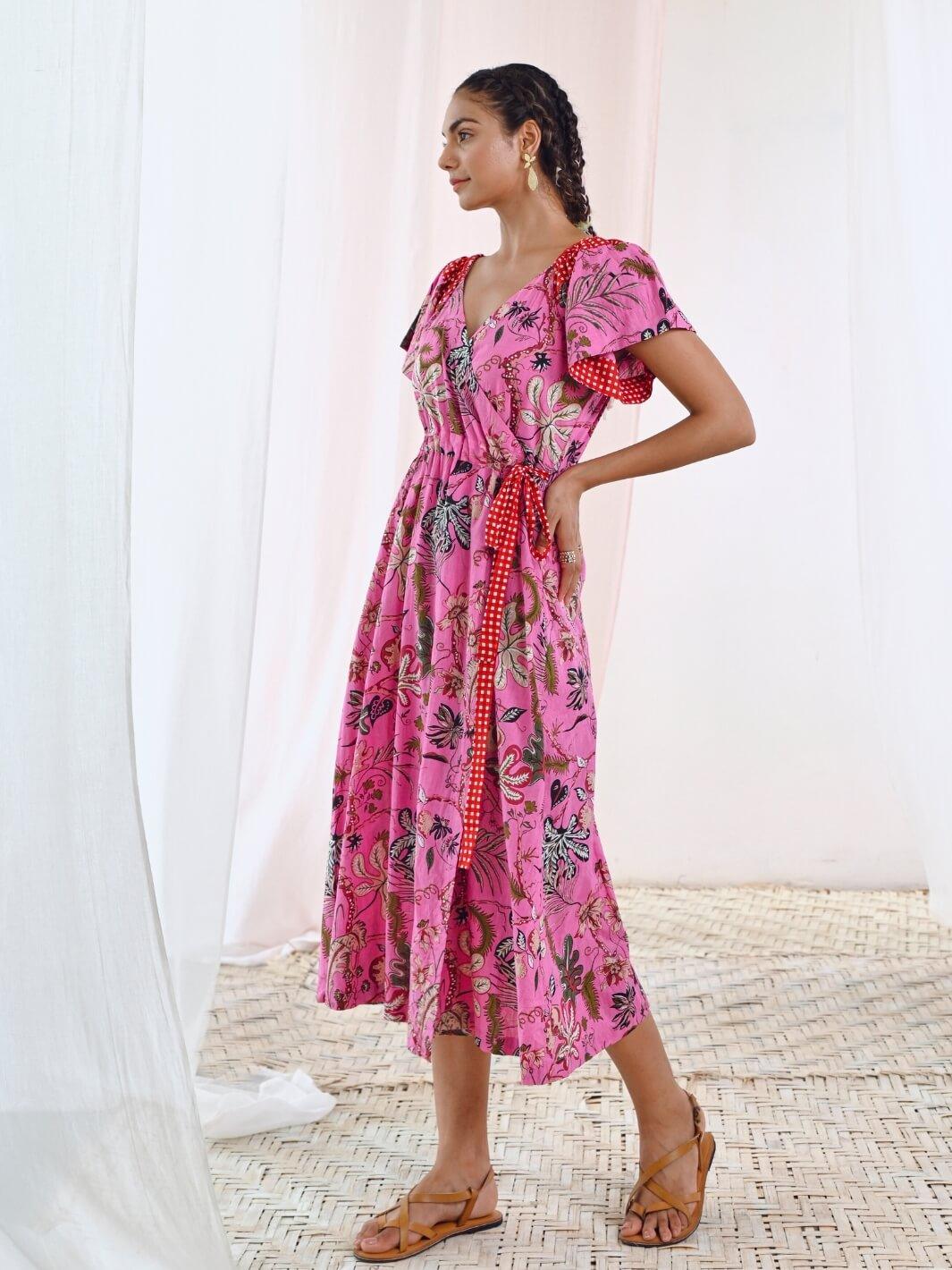 Pink Cotton Printed Floral Wrap Dress - Moontara