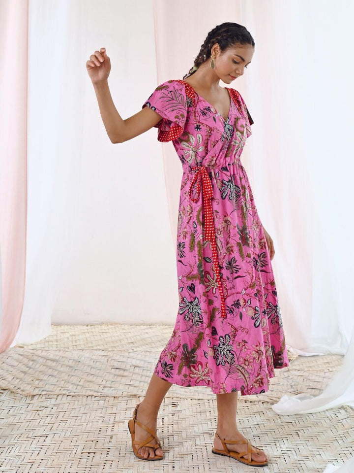 Pink Cotton Printed Floral Wrap Dress - Moontara