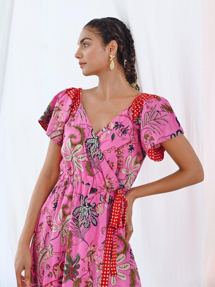 Pink Cotton Printed Floral Wrap Dress - Moontara