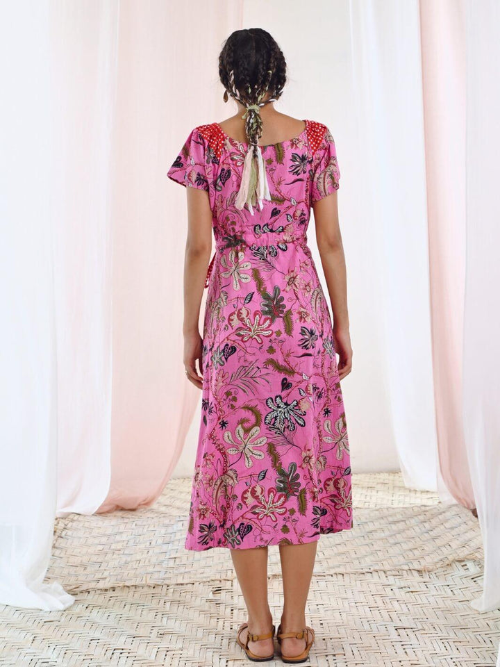 Pink Cotton Printed Floral Wrap Dress - Moontara