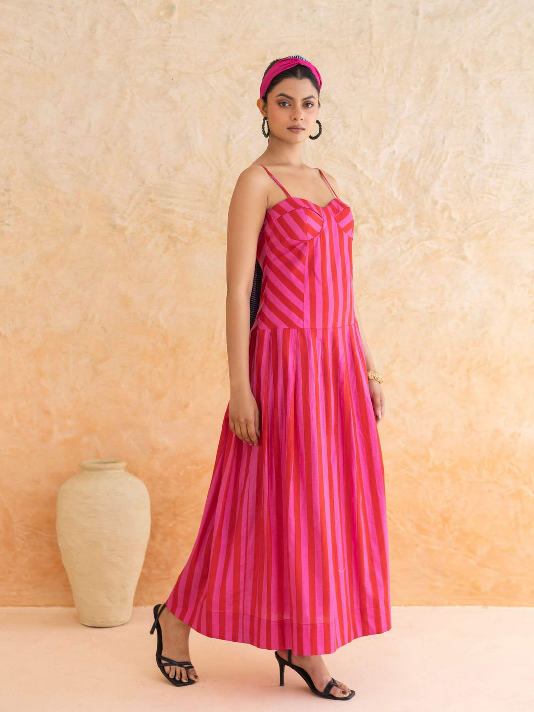 Scarlett : Cotton Maxi Dress for Women in Pink & Red | Striped Summer Dress