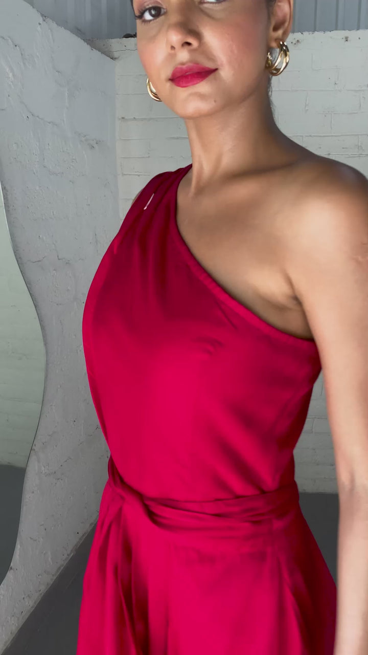 Red Cotton Satin One Shoulder Party Dress