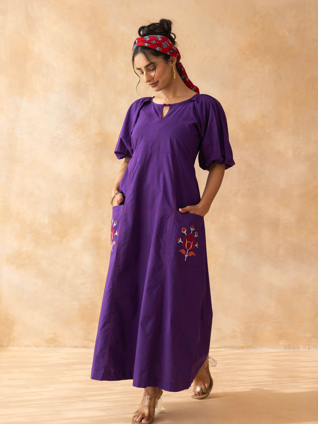 Peora : Purple Cotton Midi Dress with Embroidered Pockets