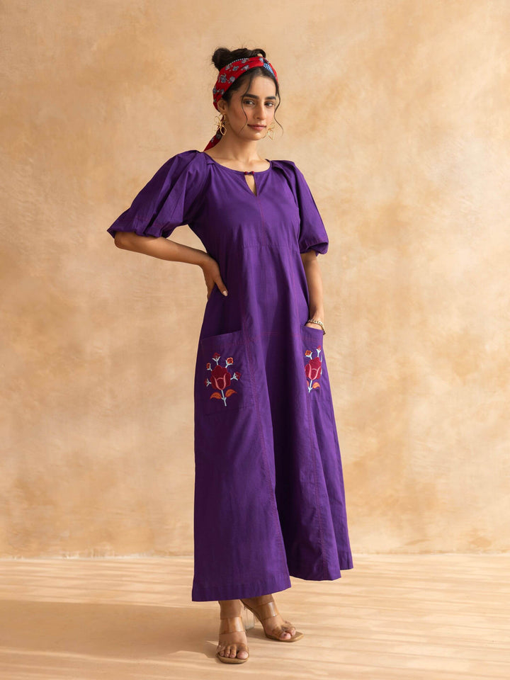 Peora : Purple Cotton Midi Dress with Embroidered Pockets