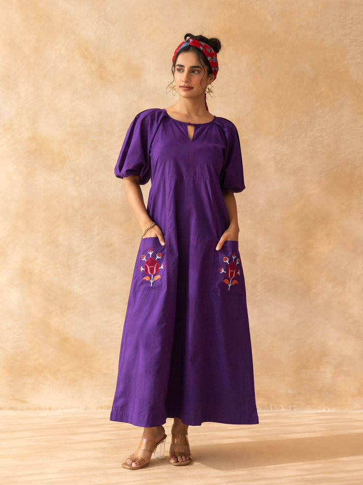 Peora : Purple Cotton Midi Dress with Embroidered Pockets