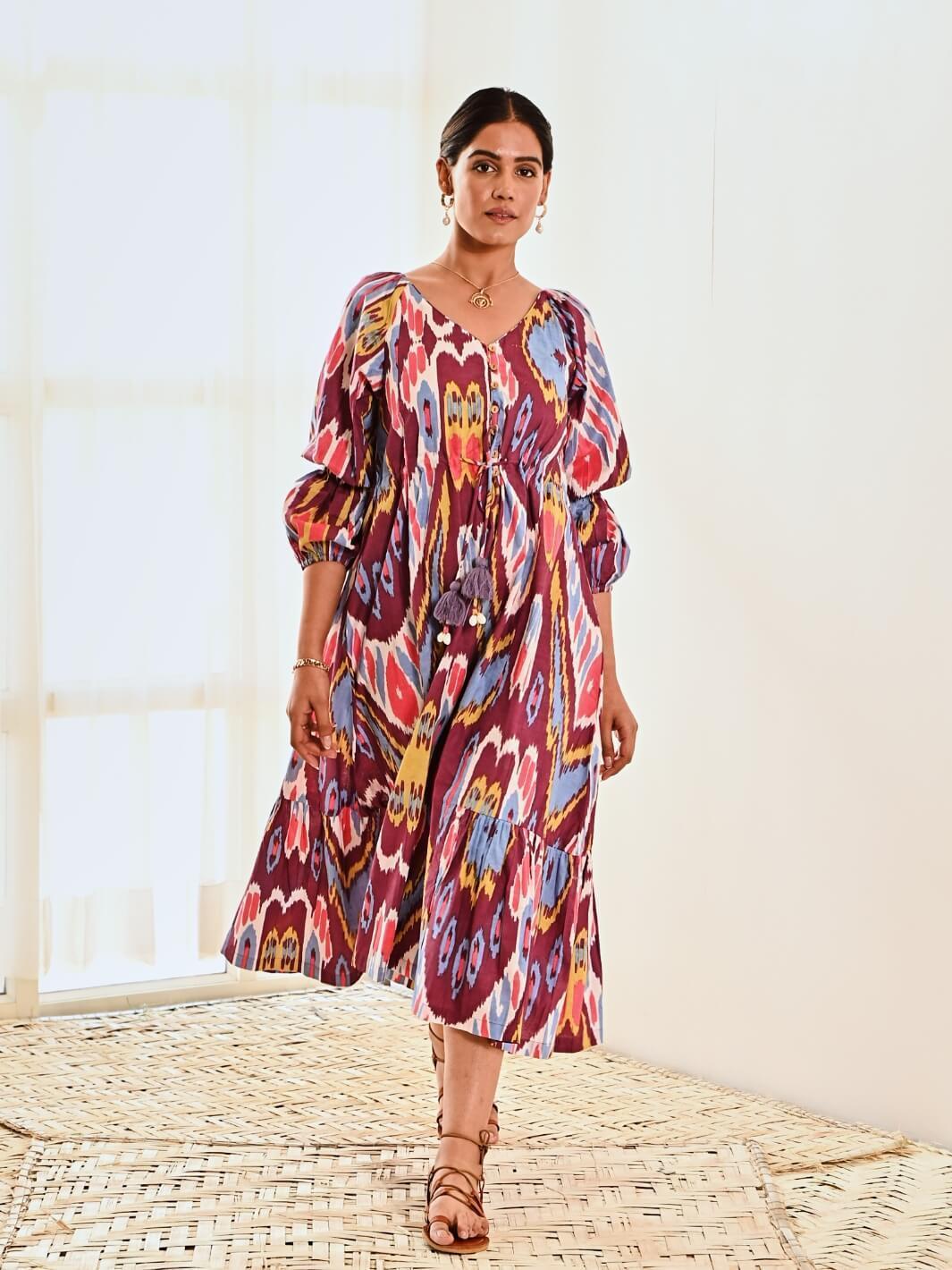 Purple Ikat Print Cotton Long Dress - Moontara