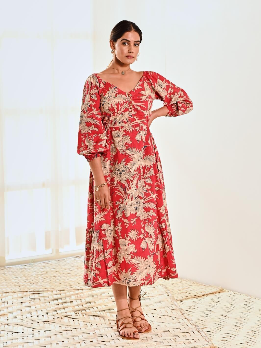 Red Cotton Floral Print A Line Long Dress - Moontara