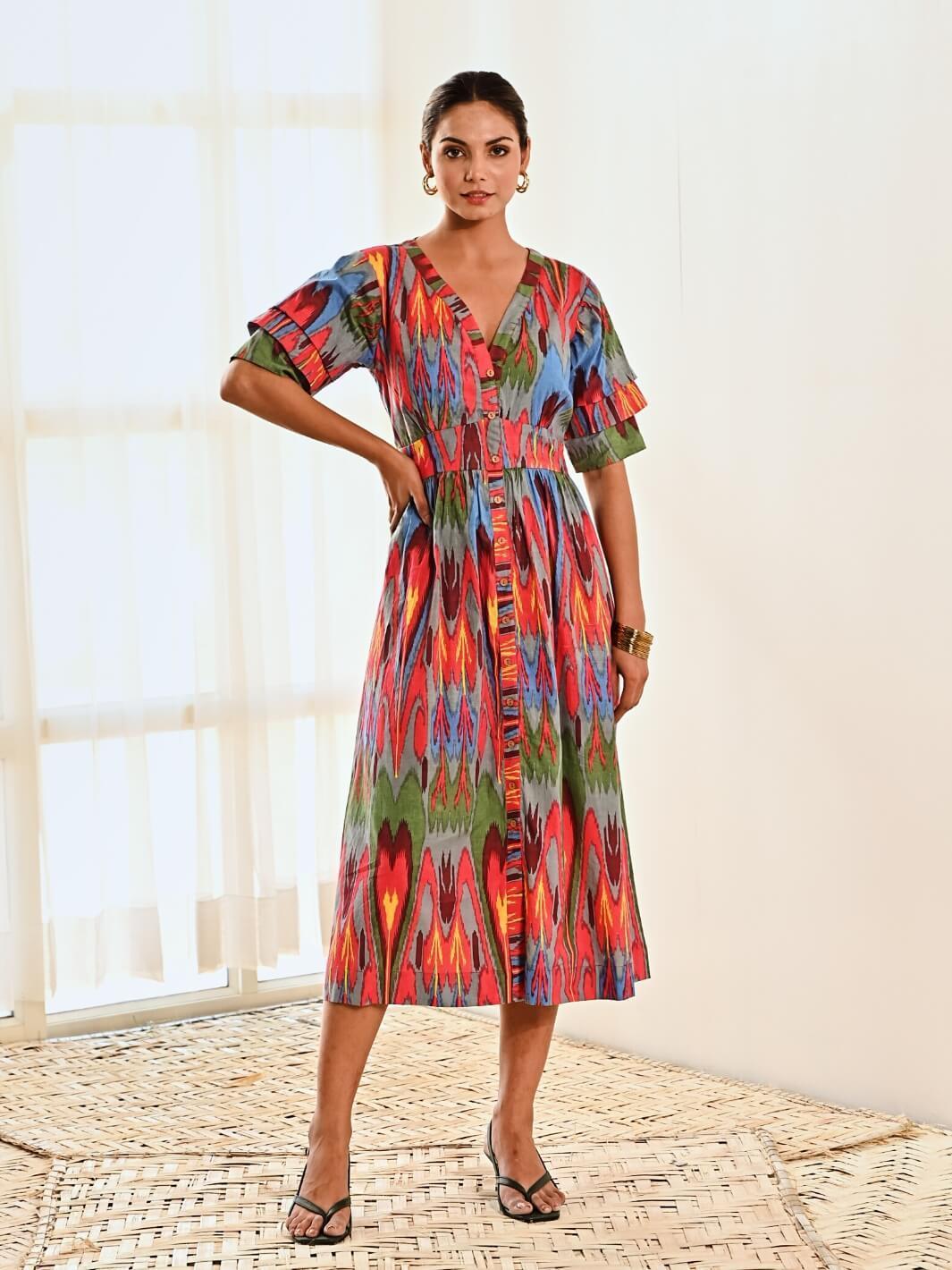 Red Ikat Print Cotton A line Long Dress - Moontara