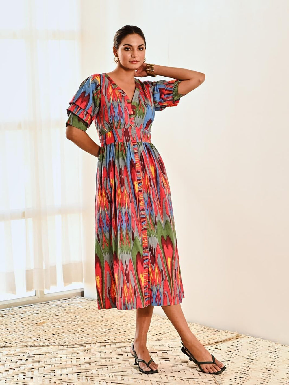 Red Ikat Print Cotton A line Long Dress - Moontara
