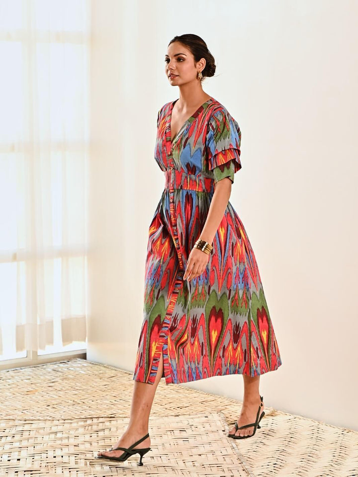 Red Ikat Print Cotton A line Long Dress - Moontara