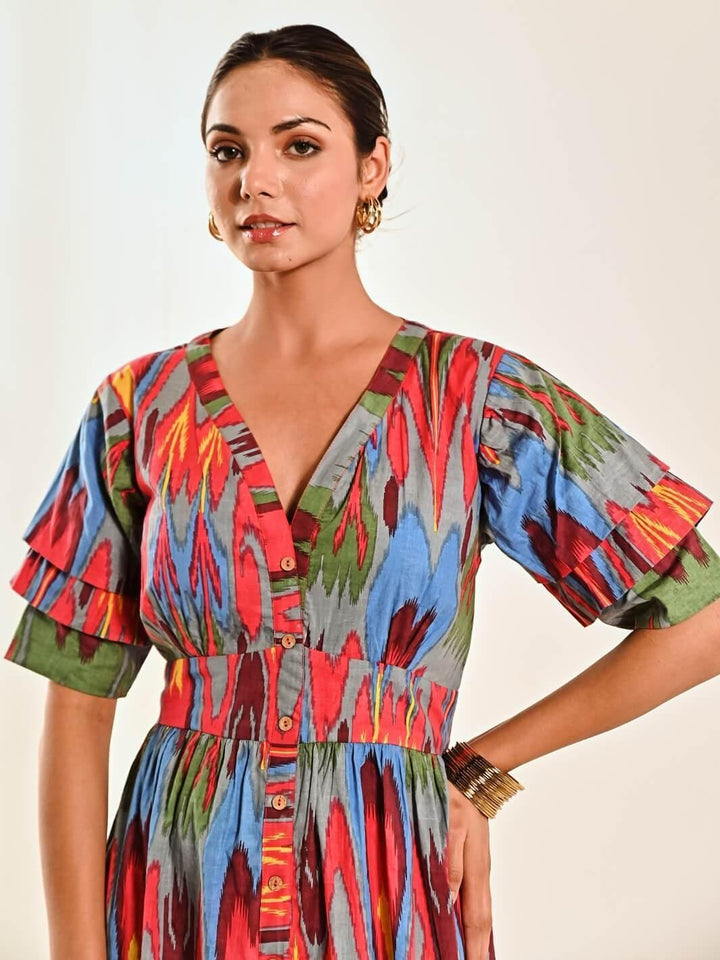 Red Ikat Print Cotton A line Long Dress - Moontara