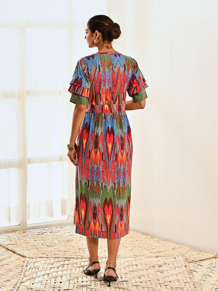 Red Ikat Print Cotton A line Long Dress - Moontara
