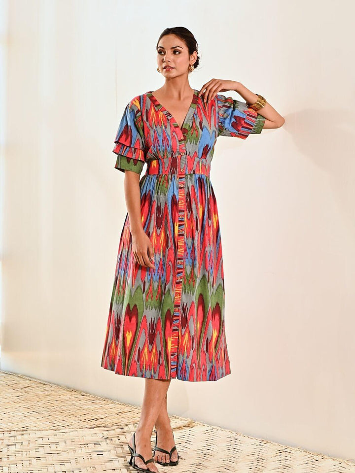 Red Ikat Print Cotton A line Long Dress - Moontara