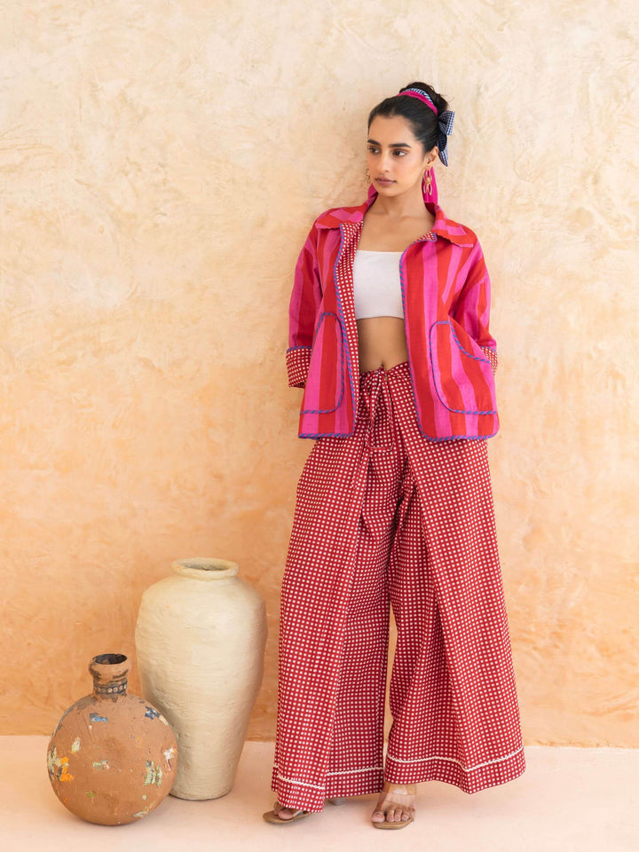 Fiora Set : Cotton Jacket Co-ord Set for Women in Red | Striped 2-Piece Summer Outfit