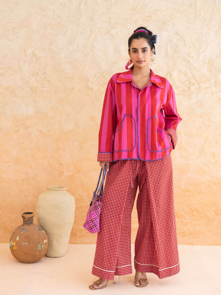 Fiora Set : Cotton Jacket Co-ord Set for Women in Red | Striped 2-Piece Summer Outfit