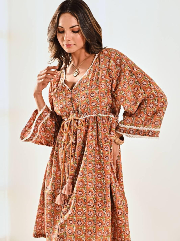 Rust Cotton Floral Print Short Dress - Moontara