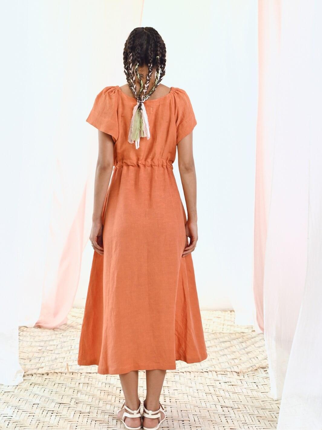 Rust Orange Linen Wrap Dress with Short Sleeves Rust Orange Linen Wrap Dress with Short Sleeves