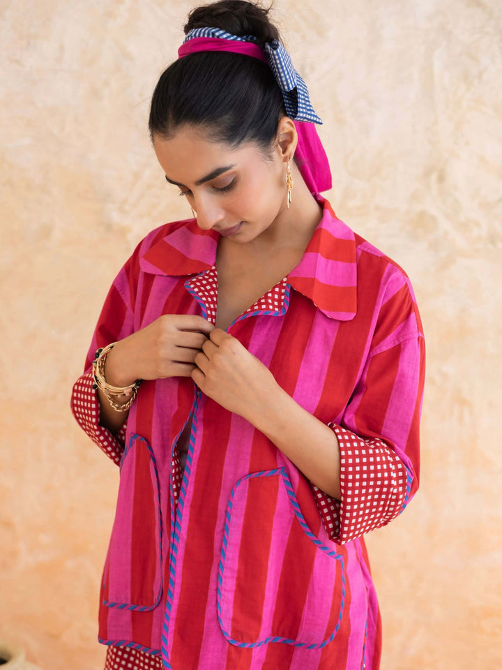 Fiora Set : Cotton Jacket Co-ord Set for Women in Red | Striped 2-Piece Summer Outfit