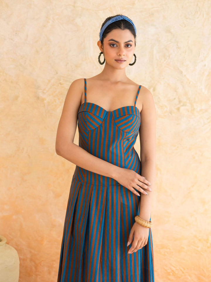 Linea : Cotton Maxi Dress for Women in Teal & Brown| Striped Summer Dress