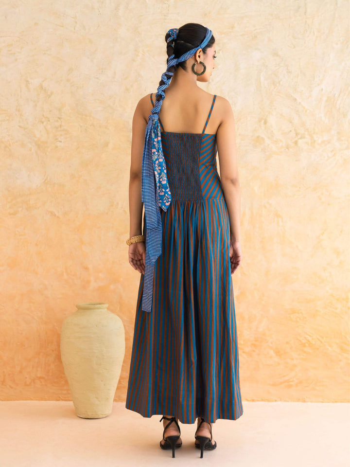 Linea : Cotton Maxi Dress for Women in Teal & Brown| Striped Summer Dress
