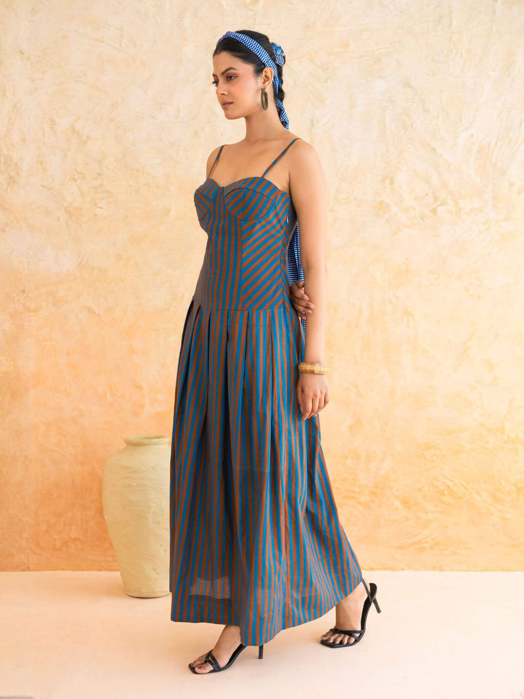 Linea : Cotton Maxi Dress for Women in Teal & Brown| Striped Summer Dress