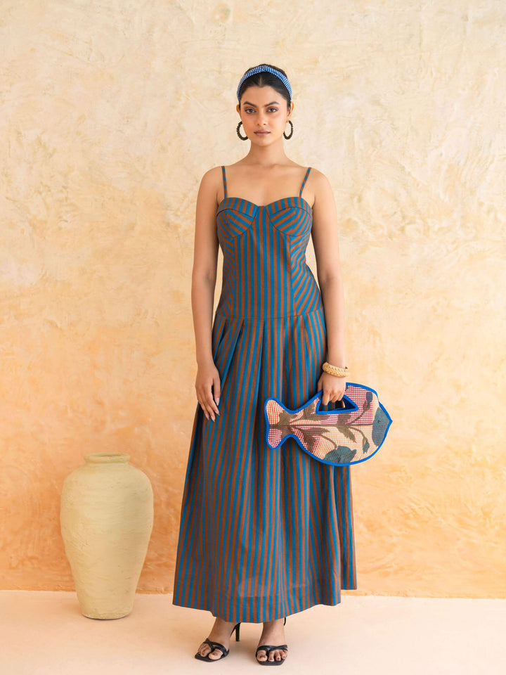 Linea : Cotton Maxi Dress for Women in Teal & Brown| Striped Summer Dress