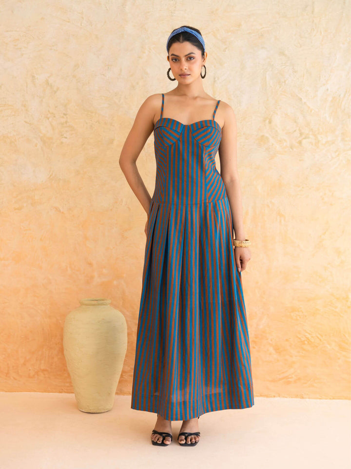 Linea : Cotton Maxi Dress for Women in Teal & Brown| Striped Summer Dress