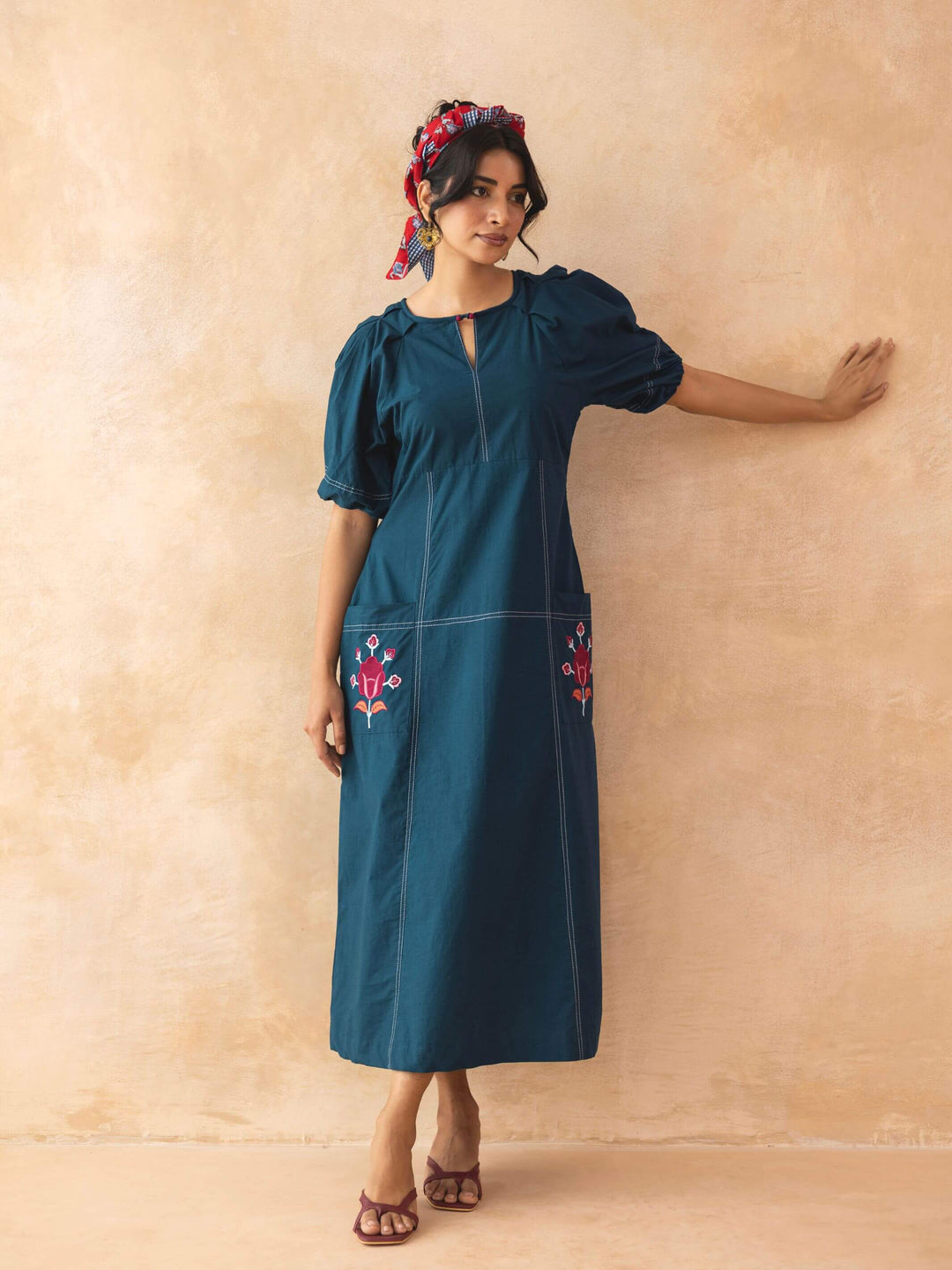 Teora : Teal Cotton Midi Dress with Embroidered Pockets