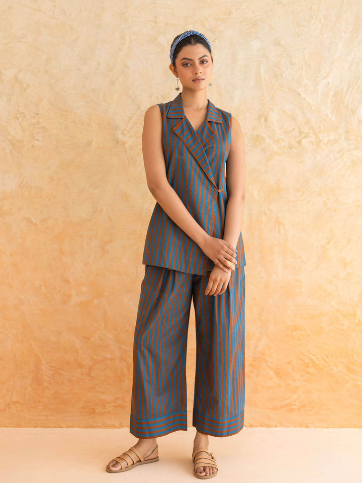 Dune Set : Cotton Co-ord Set for Women in Teal & Rust | Striped 2-Piece Summer Outfit