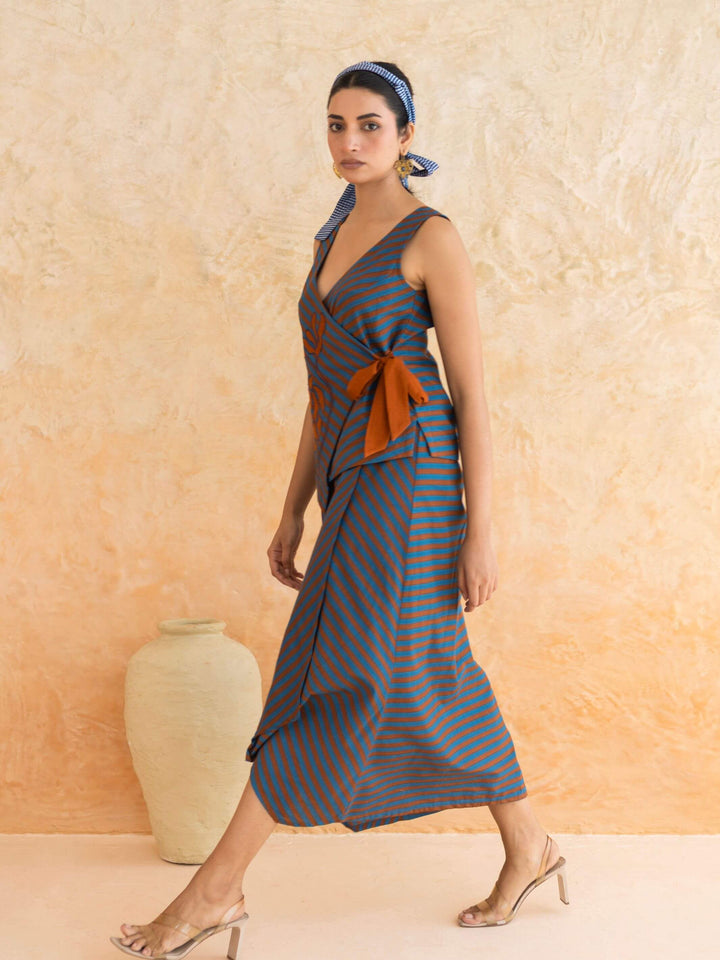 Alora Set : Cotton Skirt Set for Women in Teal & Rust | Striped 2-Piece Summer Outfit