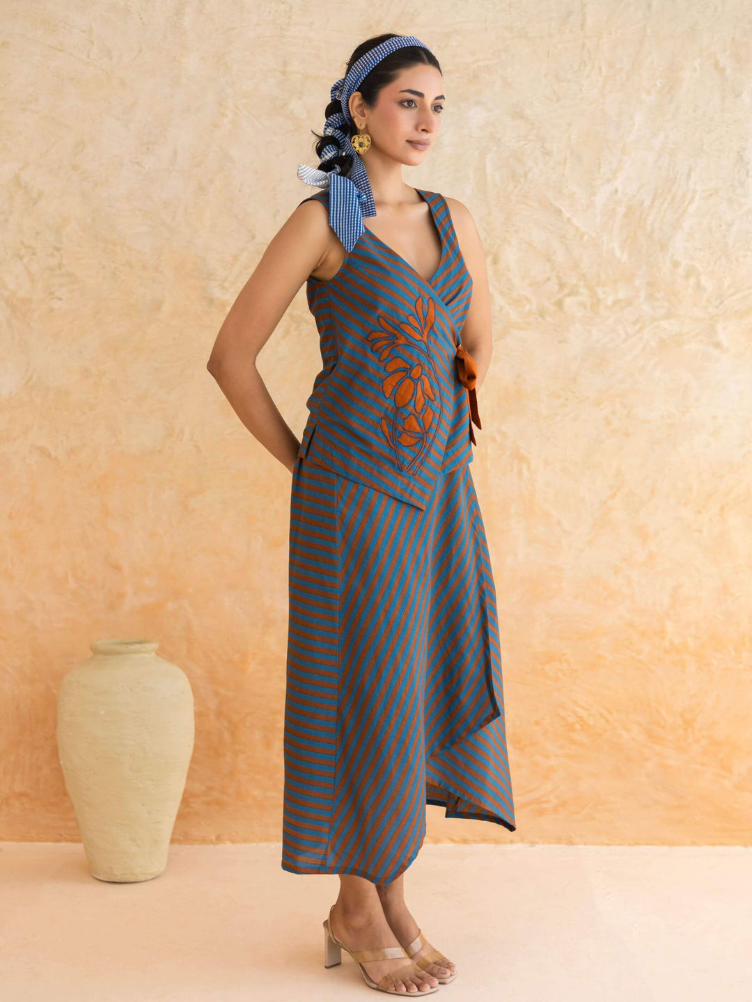 Alora Set : Cotton Skirt Set for Women in Teal & Rust | Striped 2-Piece Summer Outfit