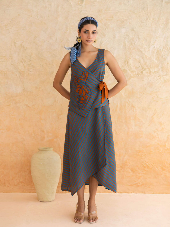 Alora Set : Cotton Skirt Set for Women in Teal & Rust | Striped 2-Piece Summer Outfit
