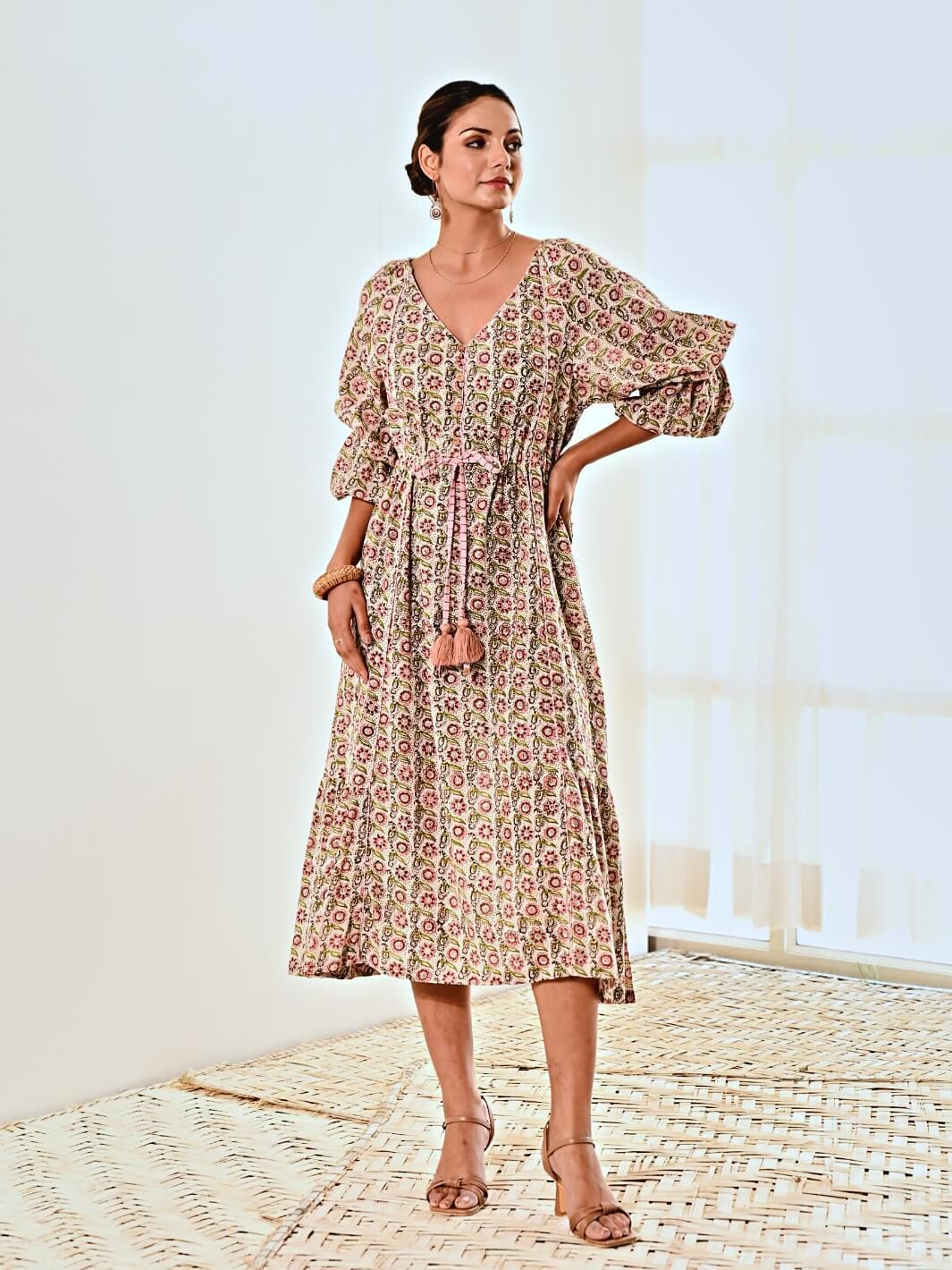 White Cotton Floral Print Maxi Long Dress - Main Image