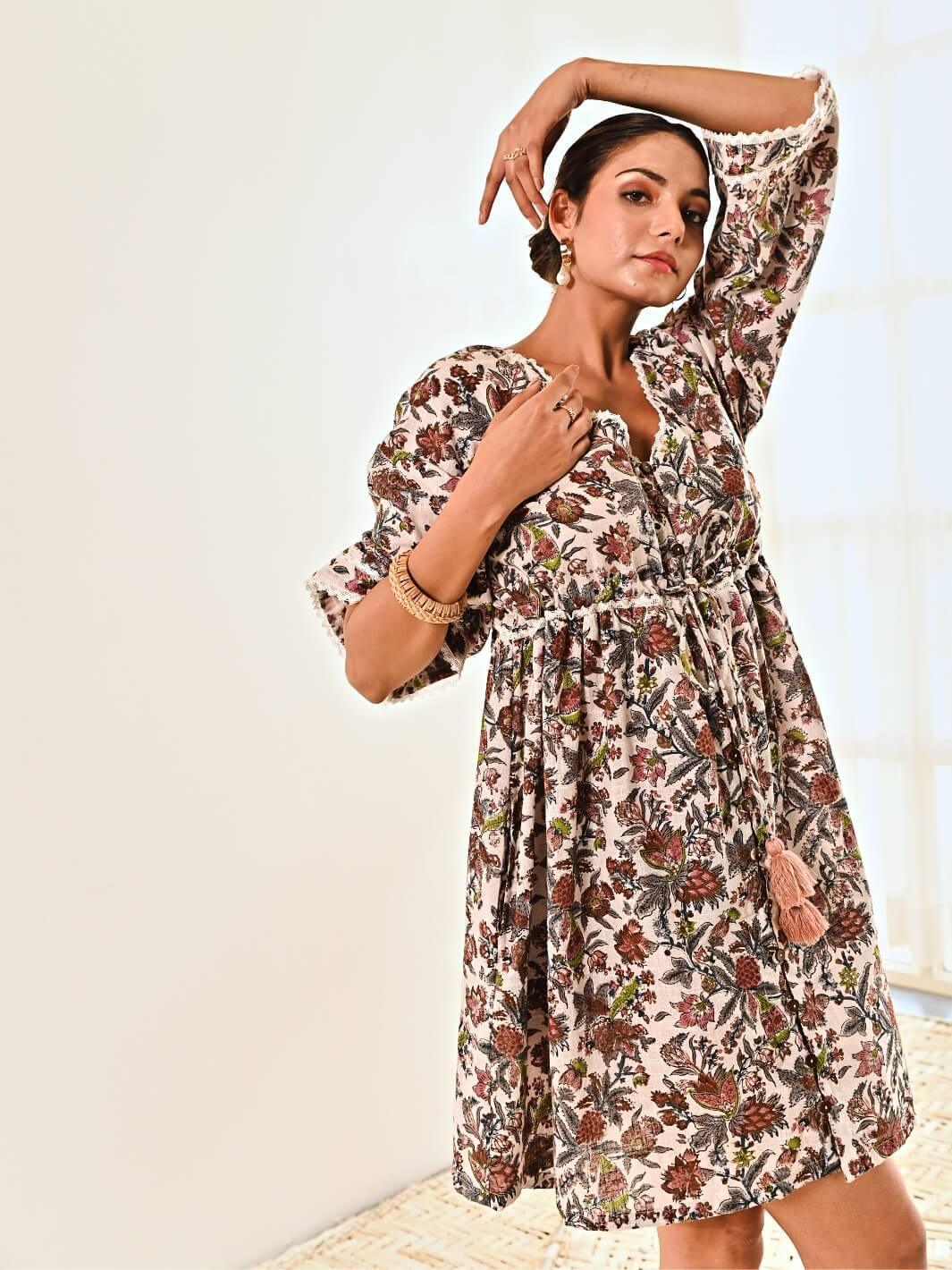 Floral Print Neck Ruffle Long-Sleeves Gathered Dress – Yo Baby India