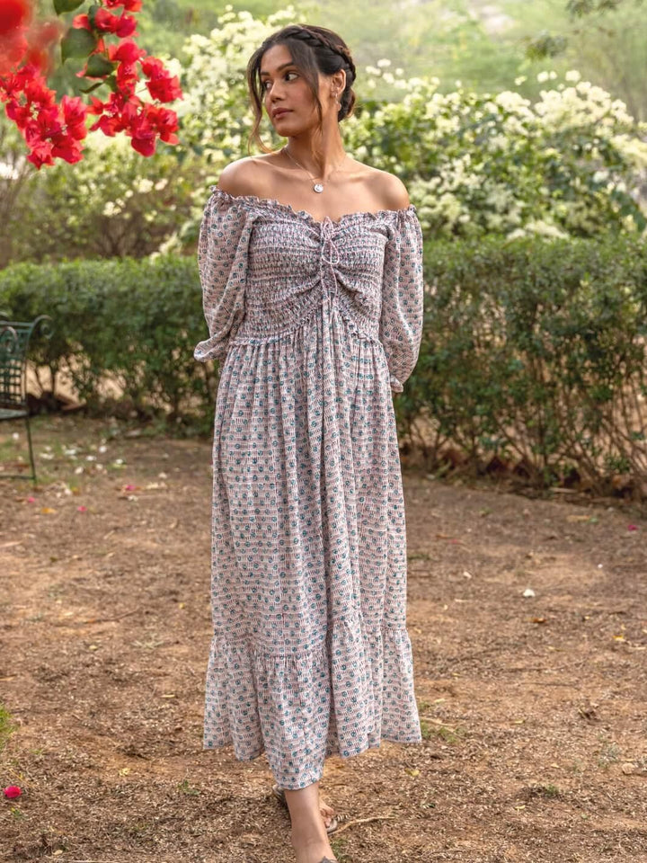 White Handblock Print Long Cotton Midi Dorry Dress - Moontara