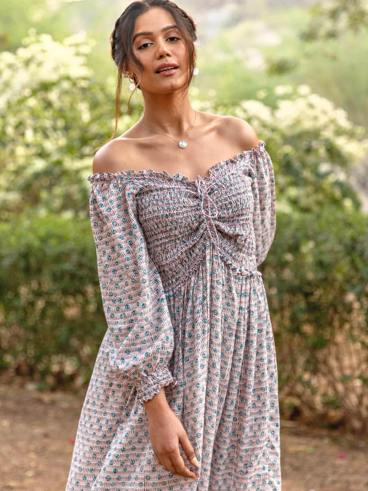 White Handblock Print Long Cotton Midi Dorry Dress - Moontara