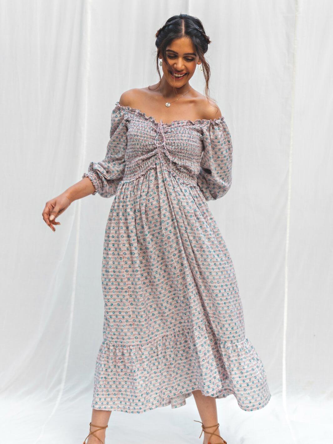 White Handblock Print Long Cotton Midi Dorry Dress - Moontara