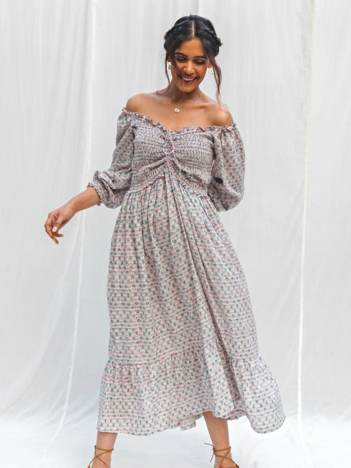 White Handblock Print Long Cotton Midi Dorry Dress - Moontara