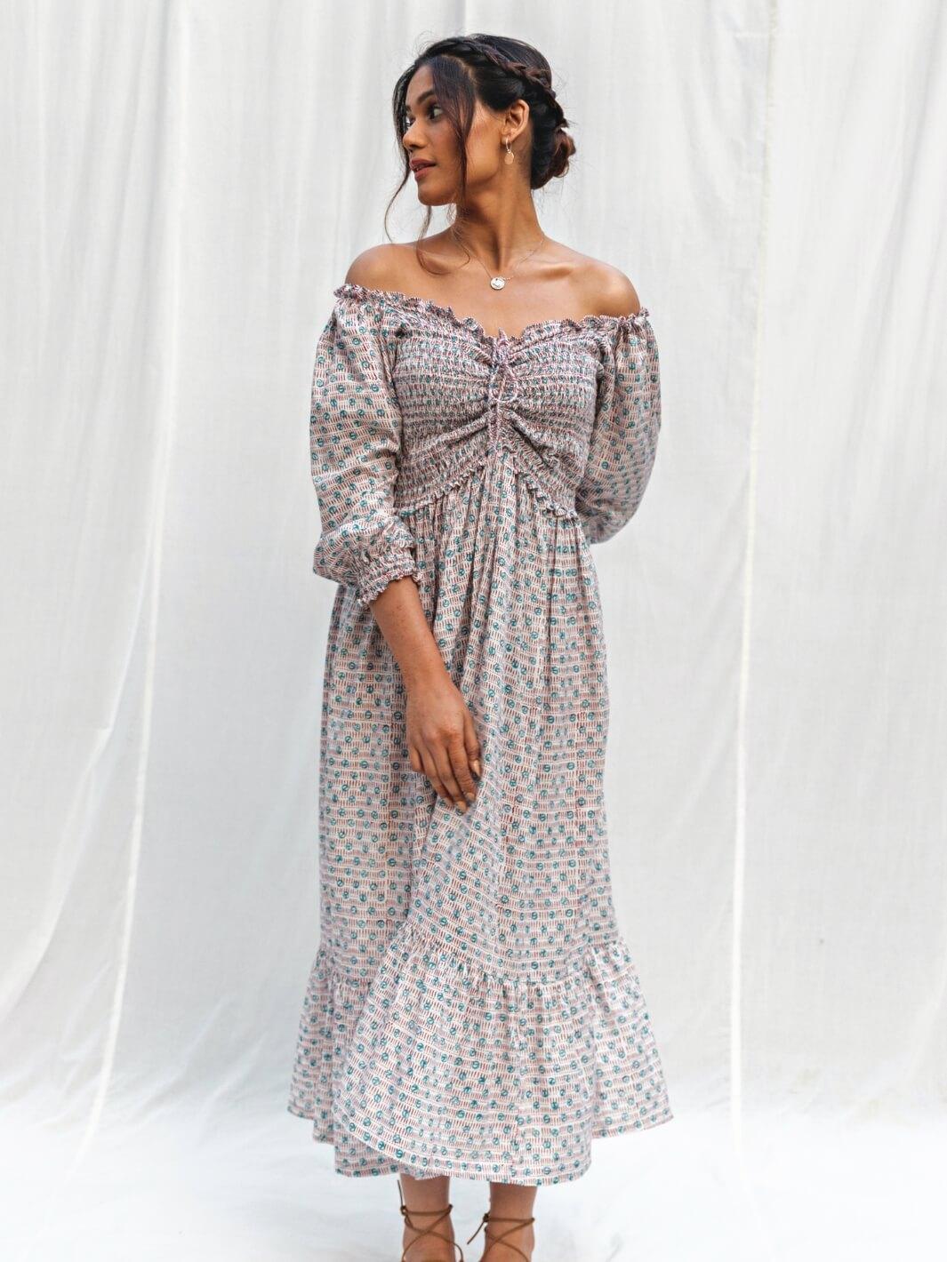 White Handblock Print Long Cotton Midi Dorry Dress - Moontara