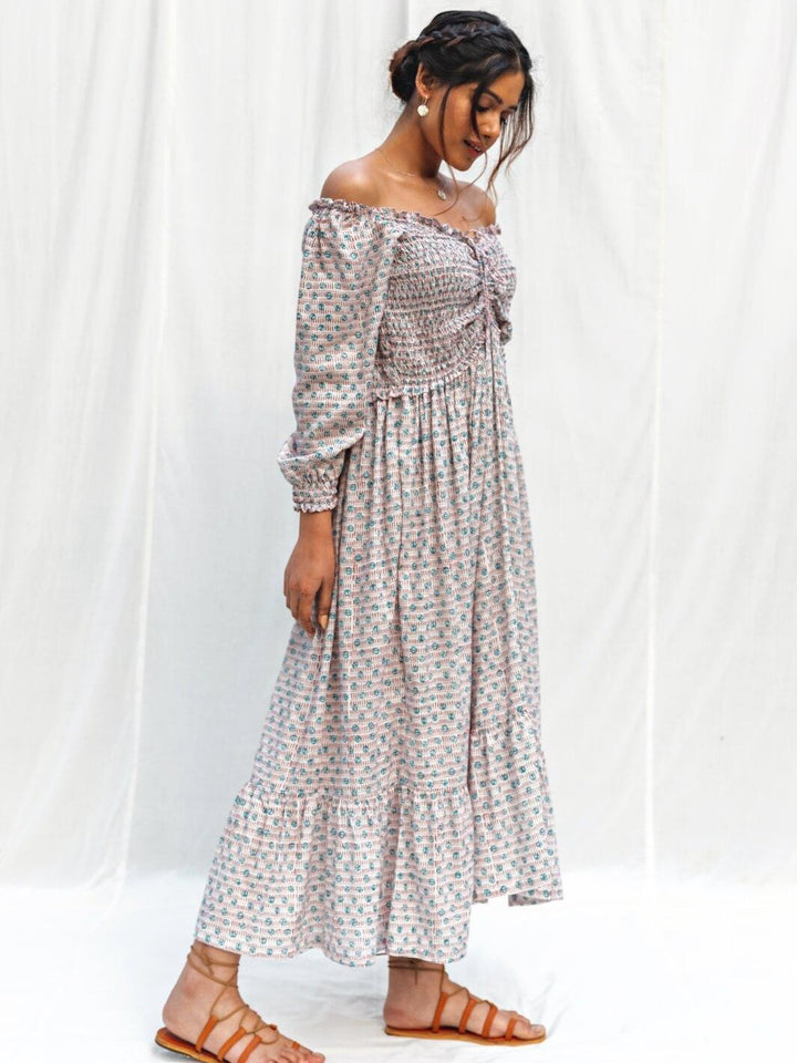 White Handblock Print Long Cotton Midi Dorry Dress - Moontara