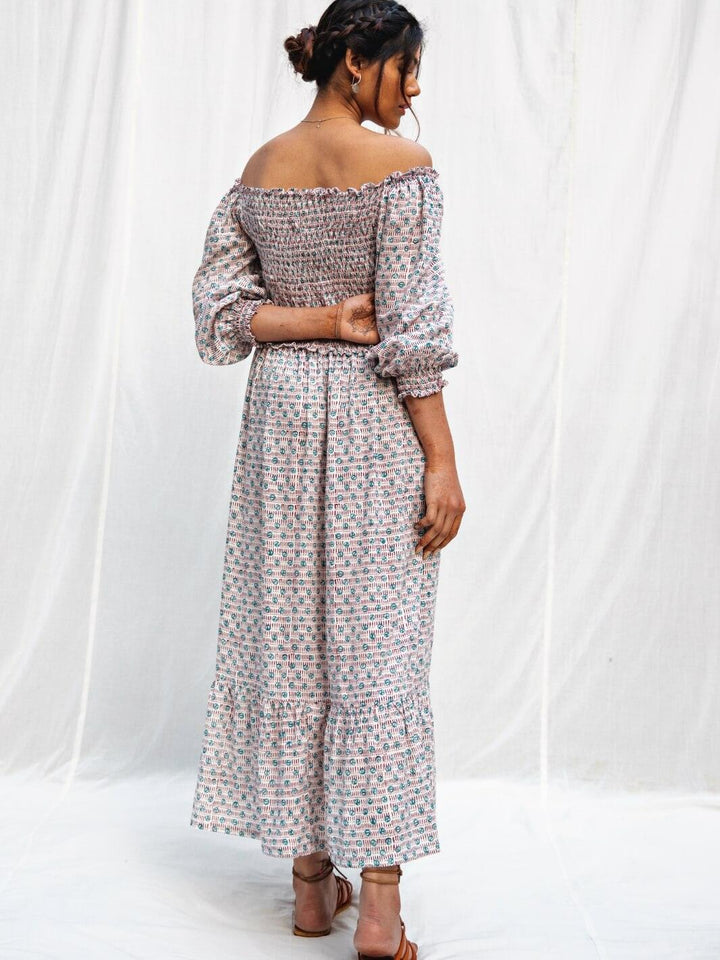 White Handblock Print Long Cotton Midi Dorry Dress - Moontara